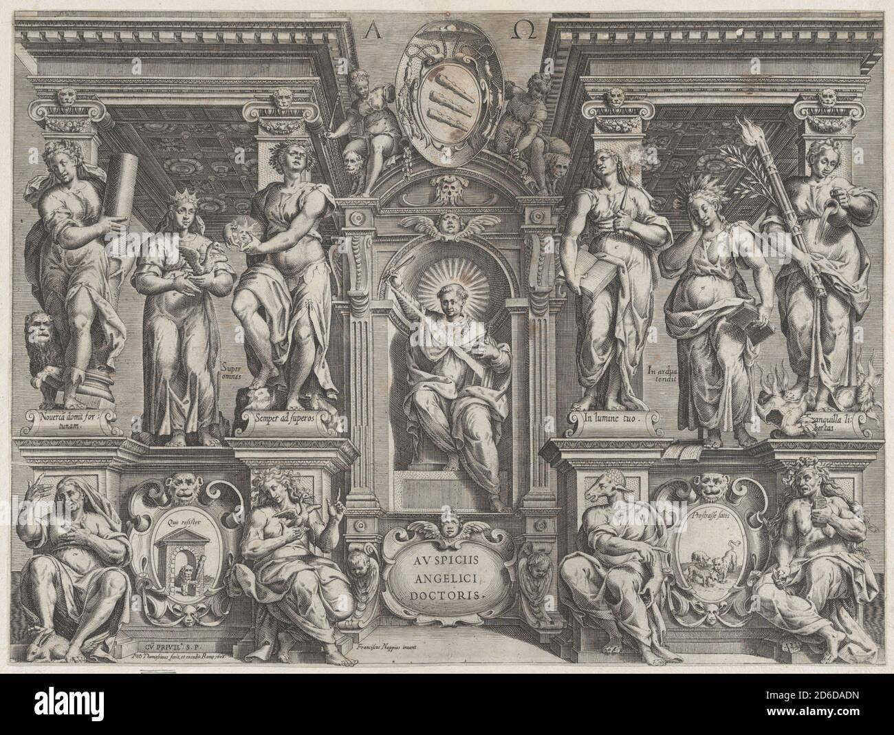 Allegorische Diplomarbeit Druck mit verschiedenen Figuren, in einer architektonischen Struktur, 1608. Stockfoto