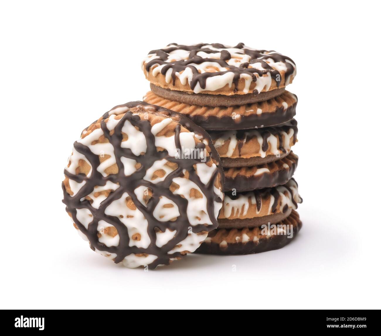 Stapel von Zuckerguss träufelt rund Cookie isoliert auf weiß Stockfoto