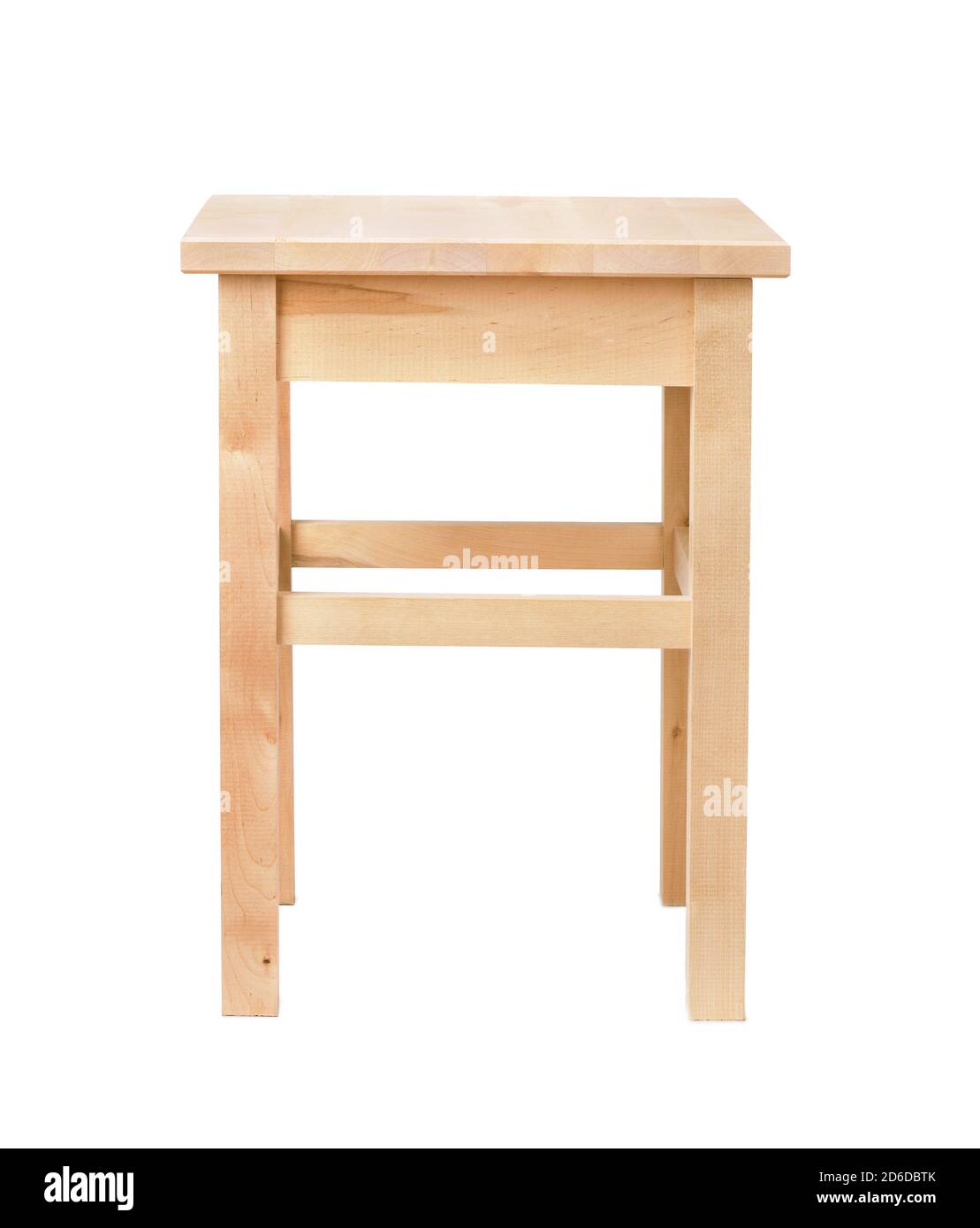 Vorderansicht von unlackiertem Holz quadratischen Hocker auf weiß isoliert Stockfoto