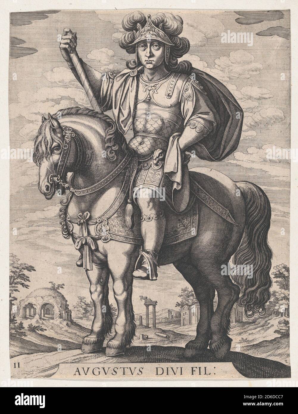 Tafel 2: Kaiser Augustus auf dem Pferderuß, aus 'den ersten zwölf römischen Cäsaren', nach Tempesta, 1610-50. Stockfoto