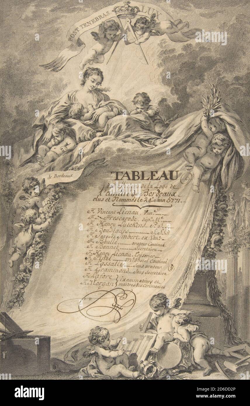 Diplom für die Freimaurer von Bordeaux, nach Fran&#xe7;ois Boucher, 1766. Stockfoto