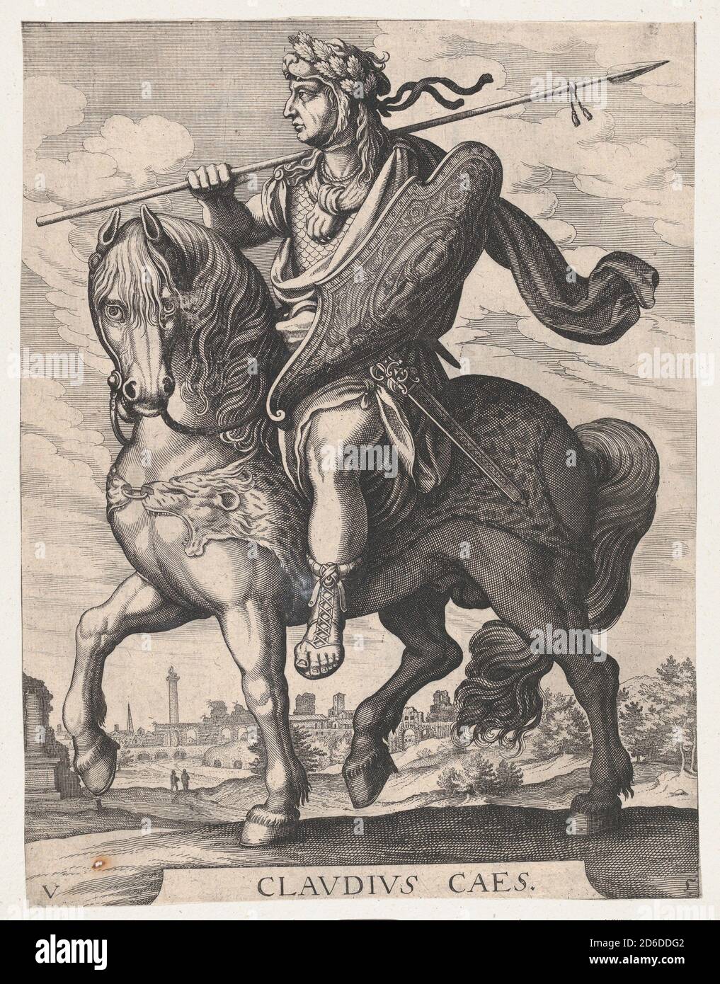 Tafel 5: Kaiser Claudius auf dem Pferderuß, aus 'den ersten zwölf römischen Caesaren' nach Tempesta, 1610-50. Stockfoto