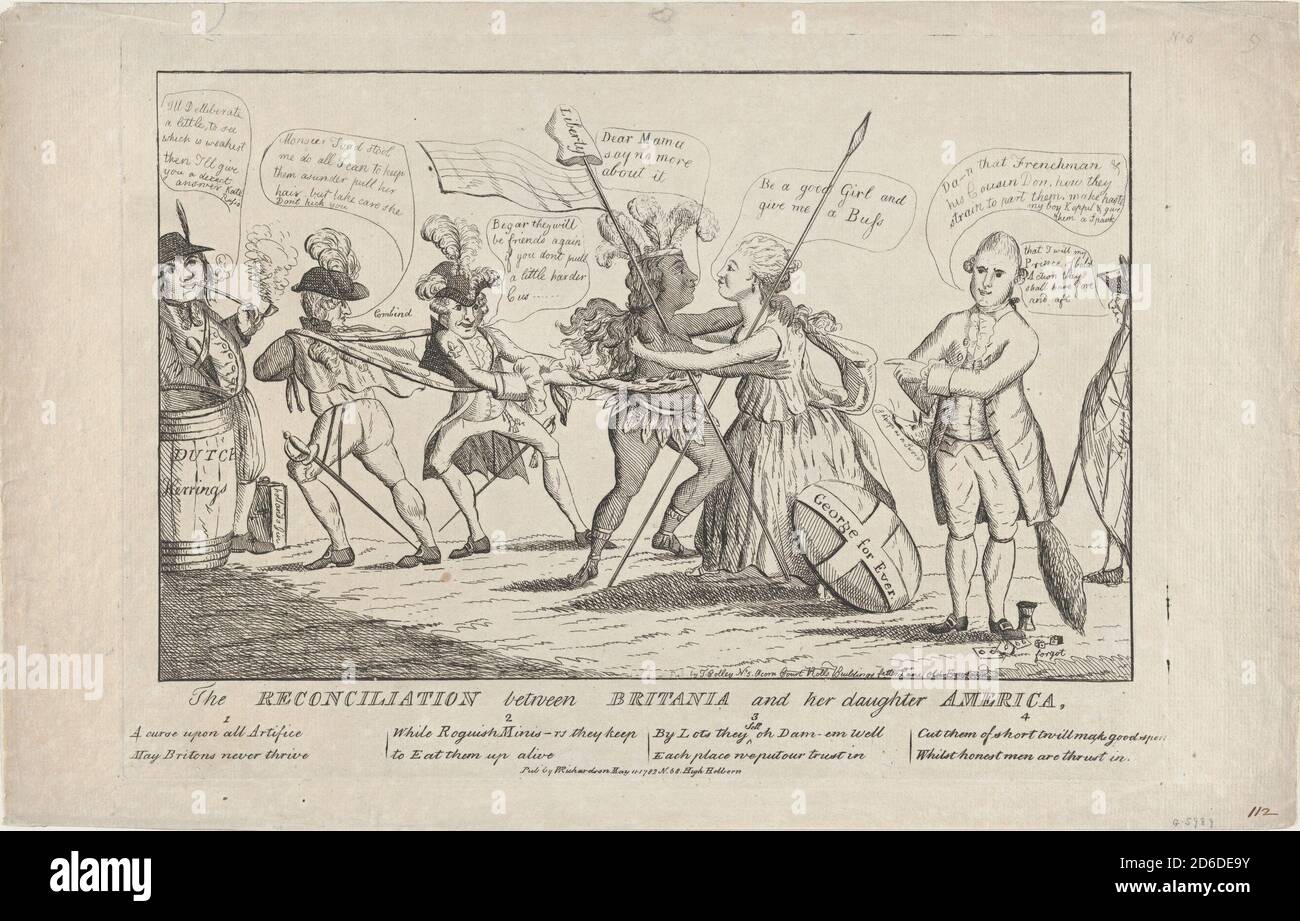 Die Versöhnung zwischen Britannia und ihrer Tochter Amerika, 11. Mai 1782. Stockfoto