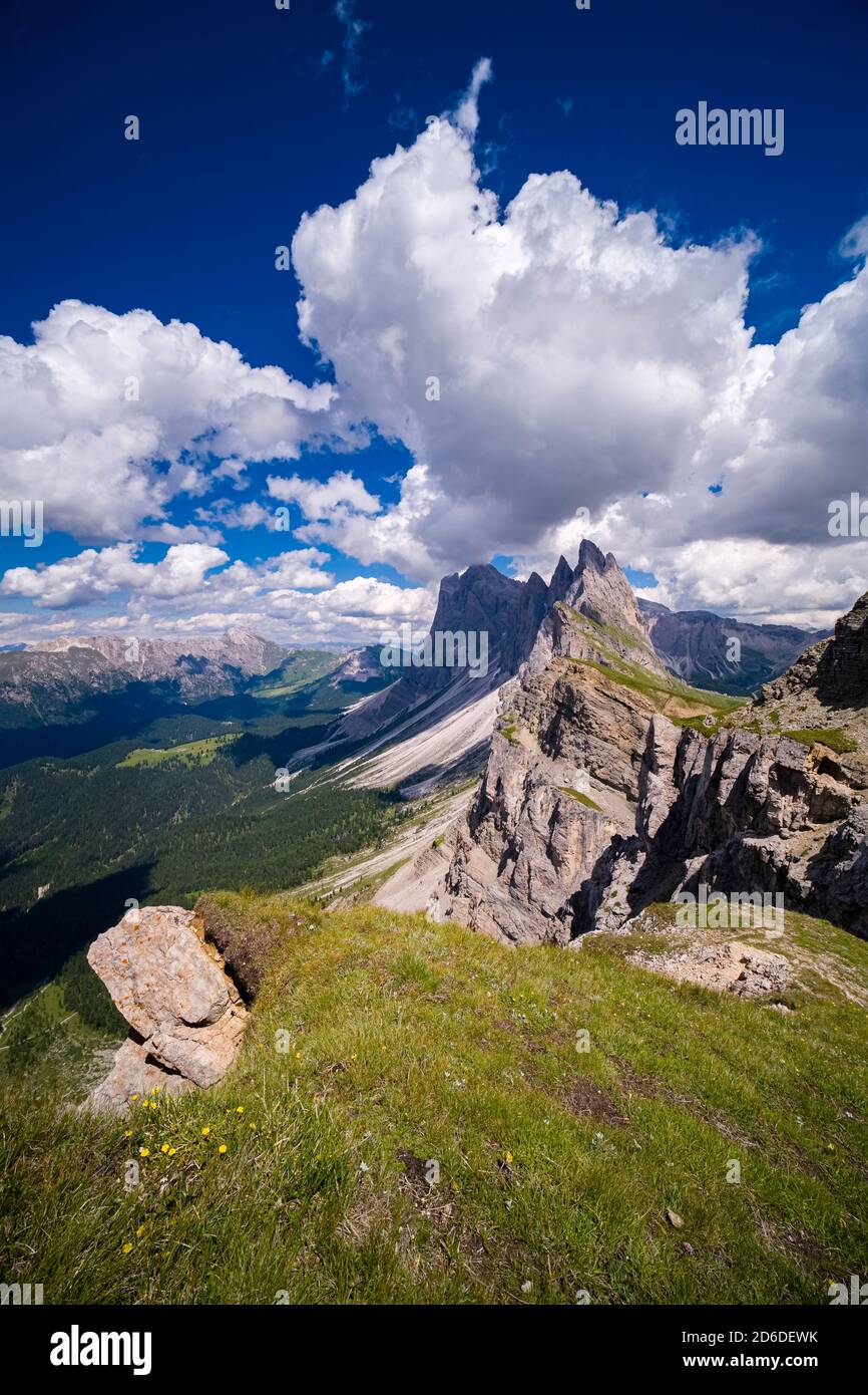 Almen rund um die steilen, rauen Klippen und Gipfel der Bergformation Seceda, Secèda, Teil des Puez-Geisler Naturpark, Parc Stockfoto
