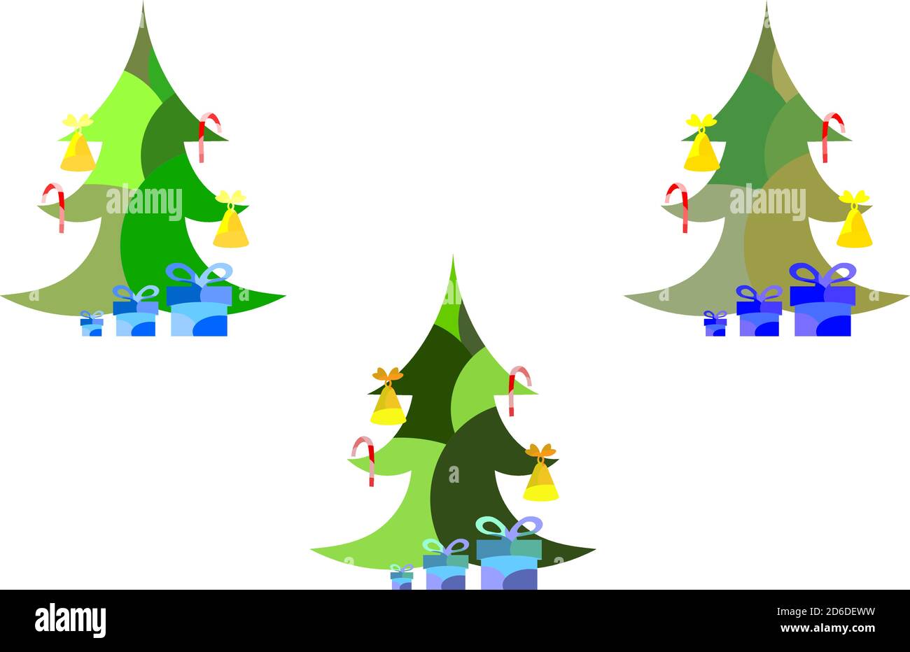 Set von drei gefleckten Neujahr und Weihnachtsbäume mit Zuckerrohr, Tanne, weihnachtsbaum und Glocken Stock Vektor
