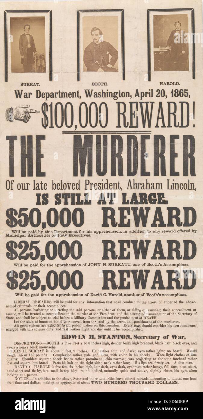 [Broadside for the Capture of John Wilkes Booth, John Surratt und David Herold], 20. April 1865. Stockfoto