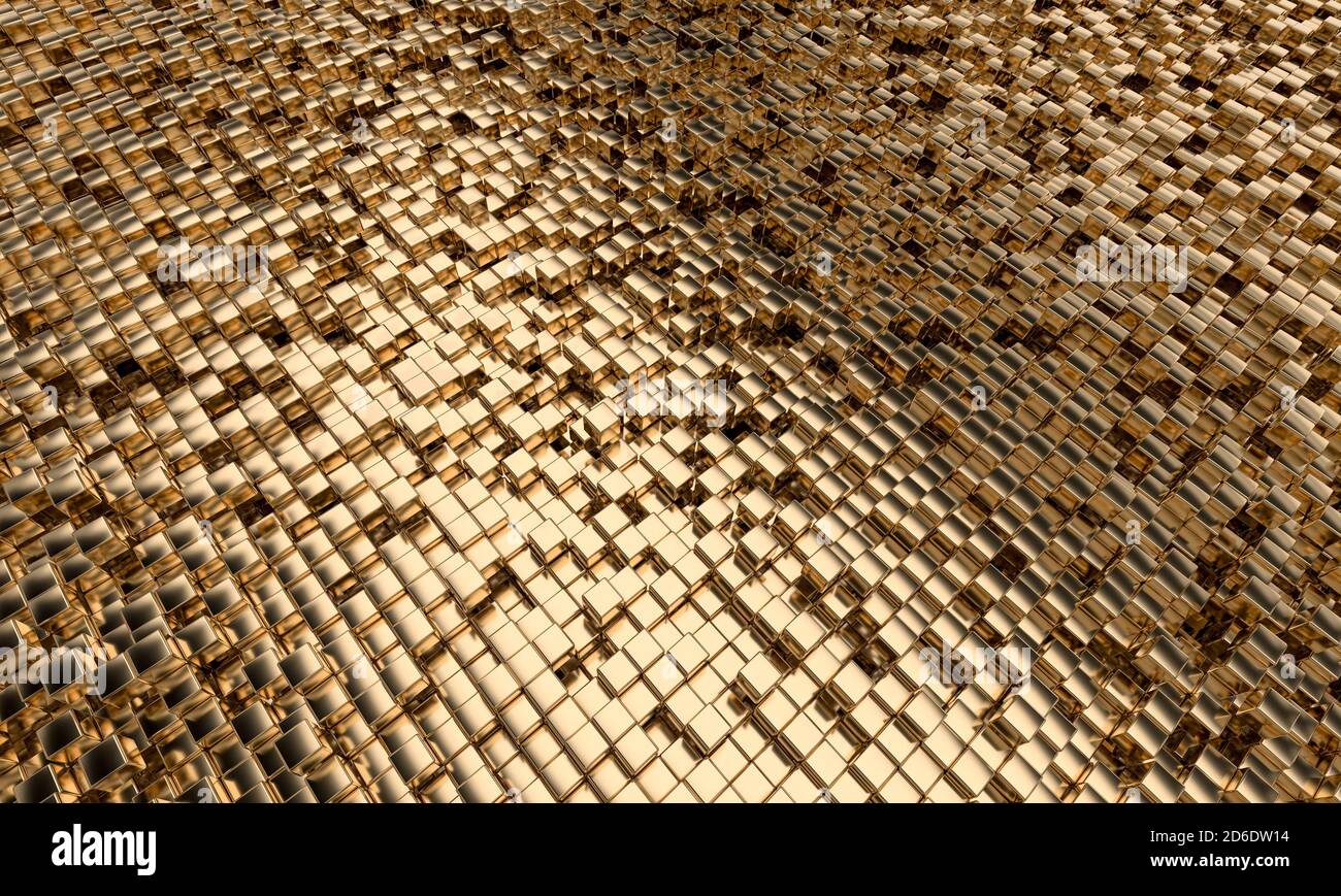 Geometrische Mosaikwürfel Form Hintergrund Gold Farbe. 3d-Rendering. Stockfoto