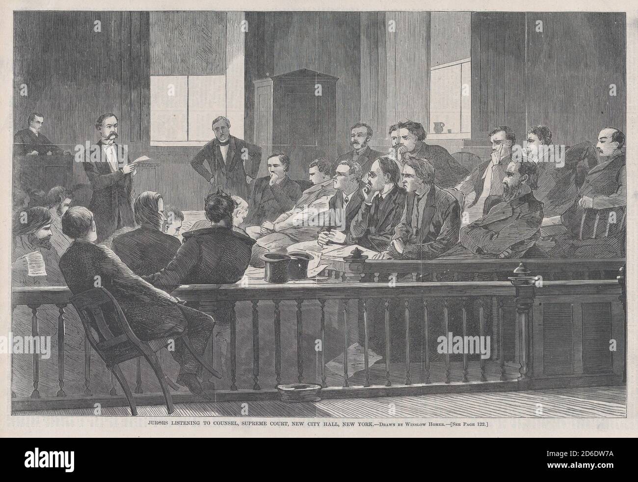 Jurors Listening to Counsel, Supreme Court, New York City Hall, New York (Harper's Weekly, Vol. VIII), 20. Februar 1869. Stockfoto