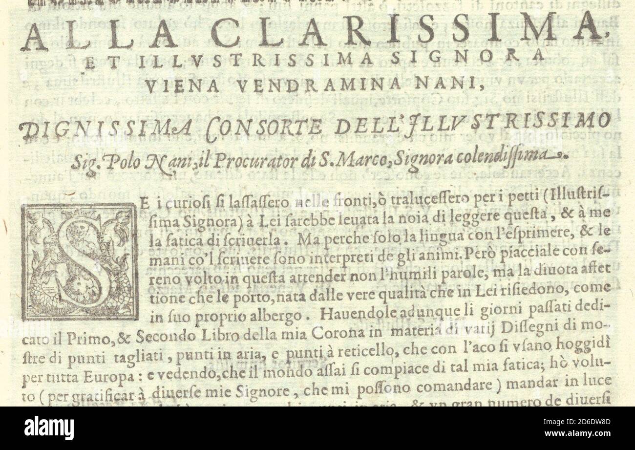 Corona delle Nobili et Virtuose Donne: Libro I-IV, Seite 58 (recto), 1601.[Widmung an Viena Vendramina Nani, Gemahlin von Polo Nani, Prokuratorin von San Marco]. Stockfoto