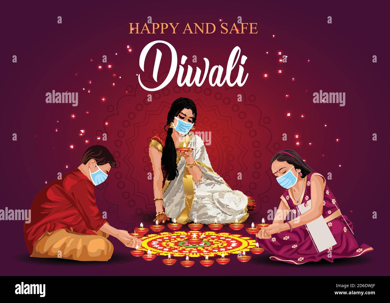 Happy diwali Grüße. Eine Familie macht Diya Dekoration mit Tragen chirurgische Maske. Covid Corona Virus Konzept. vektor-Illustration Stock Vektor
