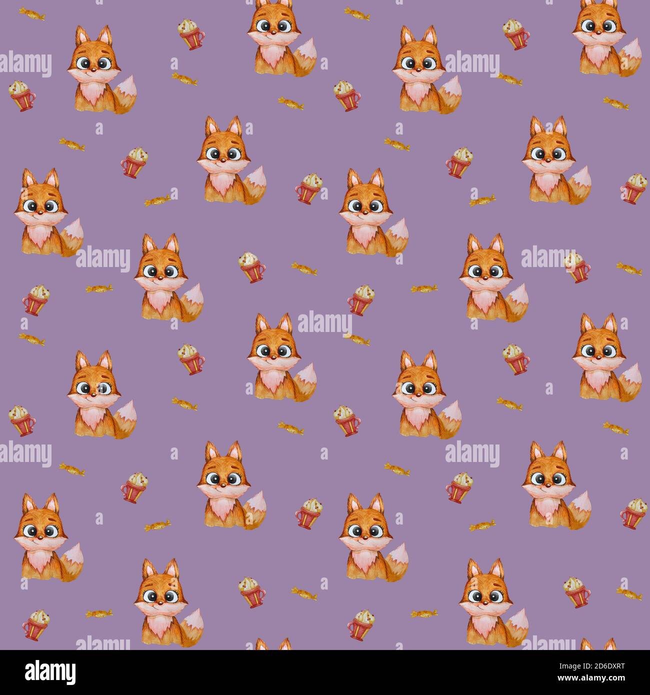 Nahtloses Fox-Muster. Niedlicher Rotfuchs mit einem Lächeln mit Süßigkeiten und eine Tasse mit Dessert auf einem lila Hintergrund. Aquarell. Für Design und Dekoration Stockfoto