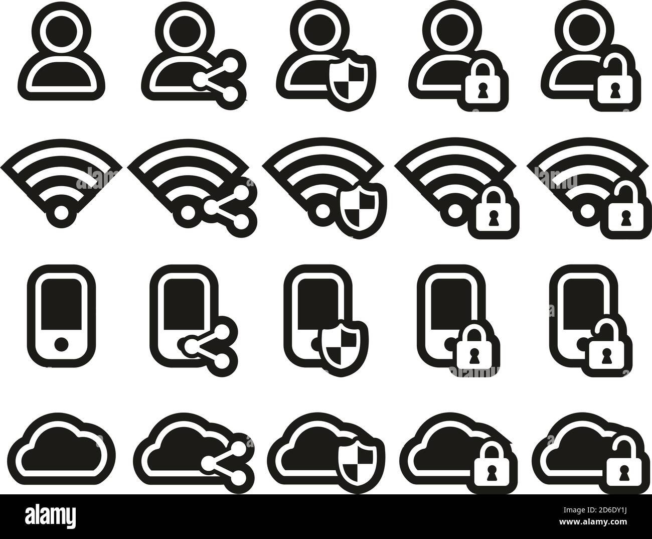 Datenschutz & Datensicherheit Icons Weiß Auf Schwarzem Aufkleber Groß Einstellen Stock Vektor