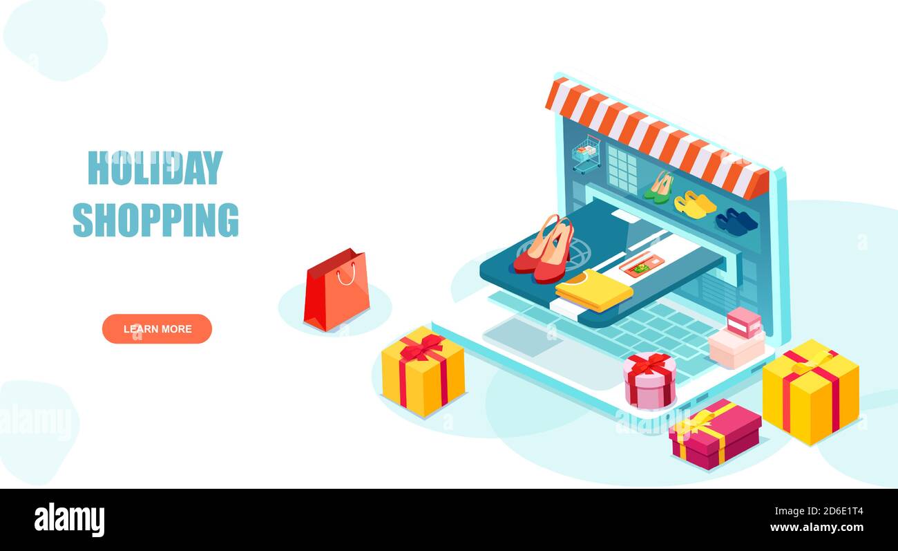 Online-Shopping-Konzept. Vektor von einem Laptop mit Kleidung und Geschenk-Boxen und Internet-Zahlung mit Kreditkarte Stock Vektor