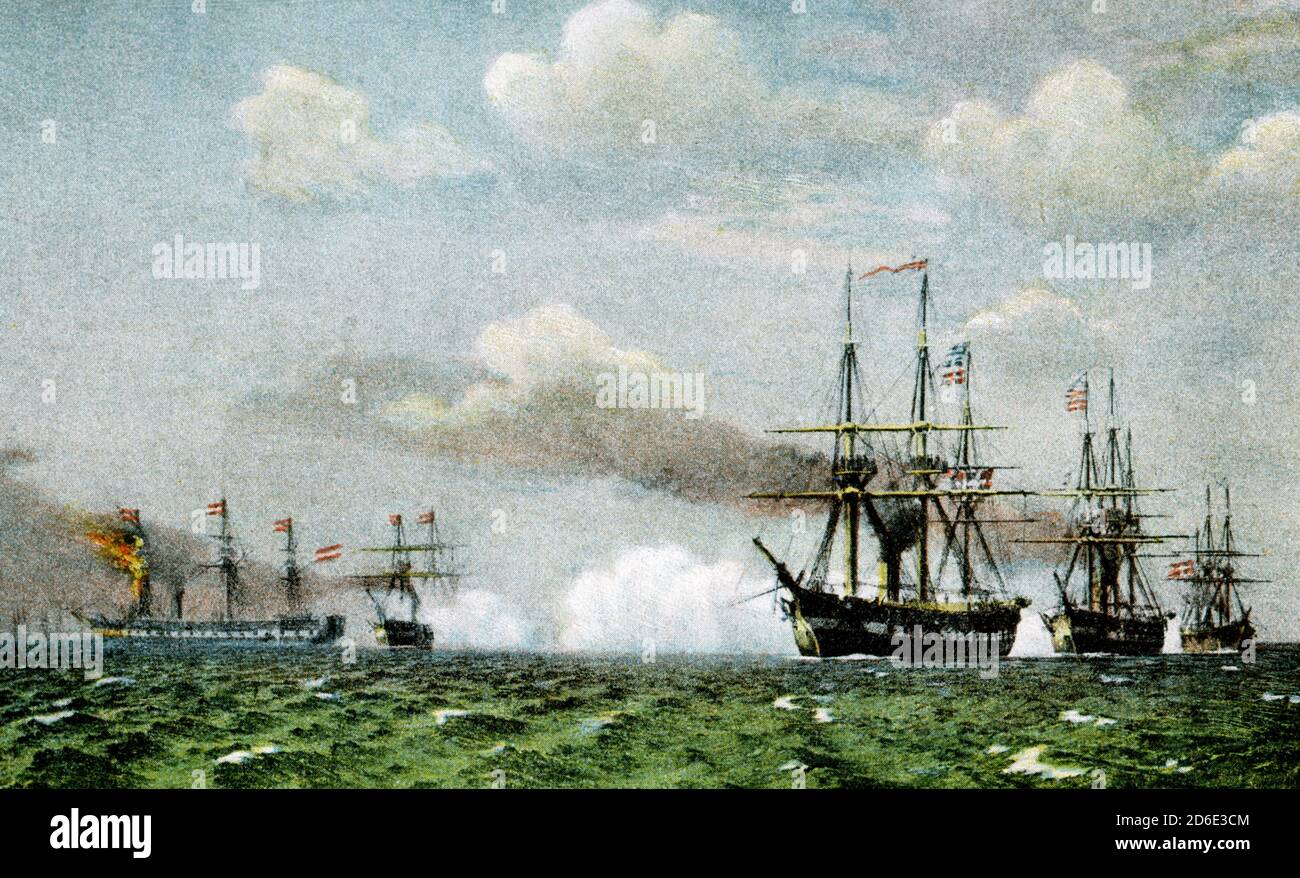 Die Schlacht von Helgoland wird am 9. Mai 1864, während des Zweiten Krieges der Herzogtümer, geführt und stellt sich gegen die dänische Marine einer verbündeten österreichisch-preußischen Flotte, Im Süden der damaligen britischen Insel Helgoland in der Nordsee. Dies war die letzte bedeutende Schlacht zwischen Staffeln von Holzschiffen und auch die letzte unter Beteiligung Dänemarks. Obwohl die Schlacht mit einem taktischen Sieg für dieses Land endete, Sie hatte keine strategischen Auswirkungen auf den Ausgang des Krieges, der mit der dänischen Niederlage am 12. Mai 1864 endete. Das Gemälde stammt von Johann Carl Neumann, der in Kopenhagen geboren wurde und zur sec gehörte Stockfoto