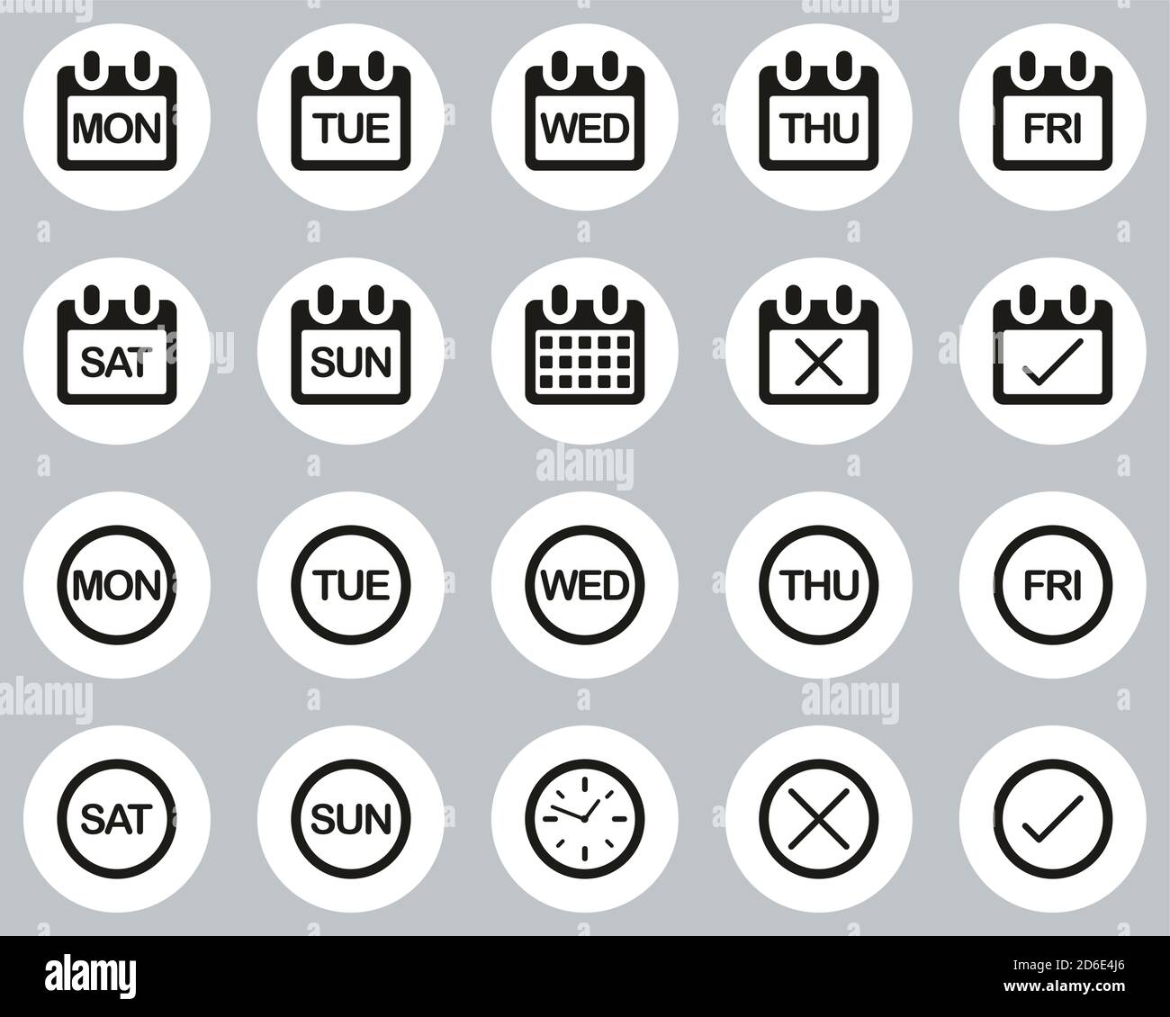 Wochentage Icons Black & White Flat Design Kreis Groß Stock Vektor