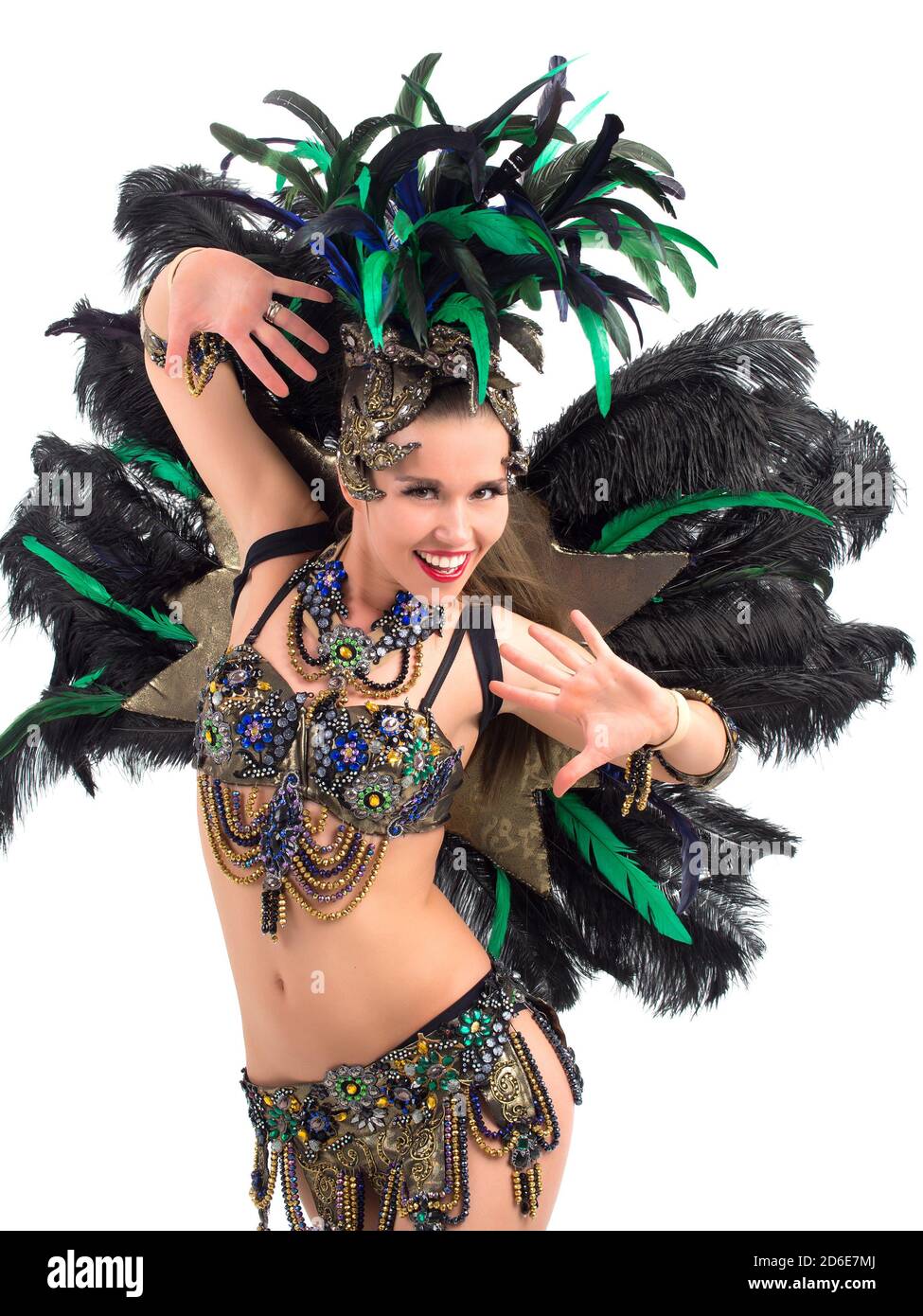 Gerne weibliche samba Tänzerin tragen ein buntes Kostüm Stockfoto