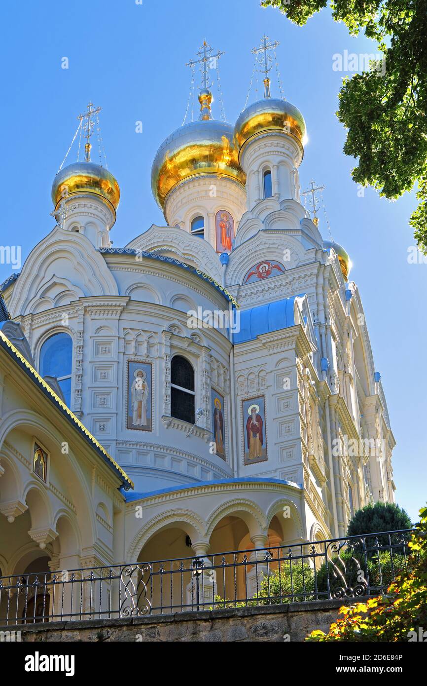 Russische Kirche, Karlovy Vary, Kurdreieck, Böhmen, Tschechische Republik Stockfoto