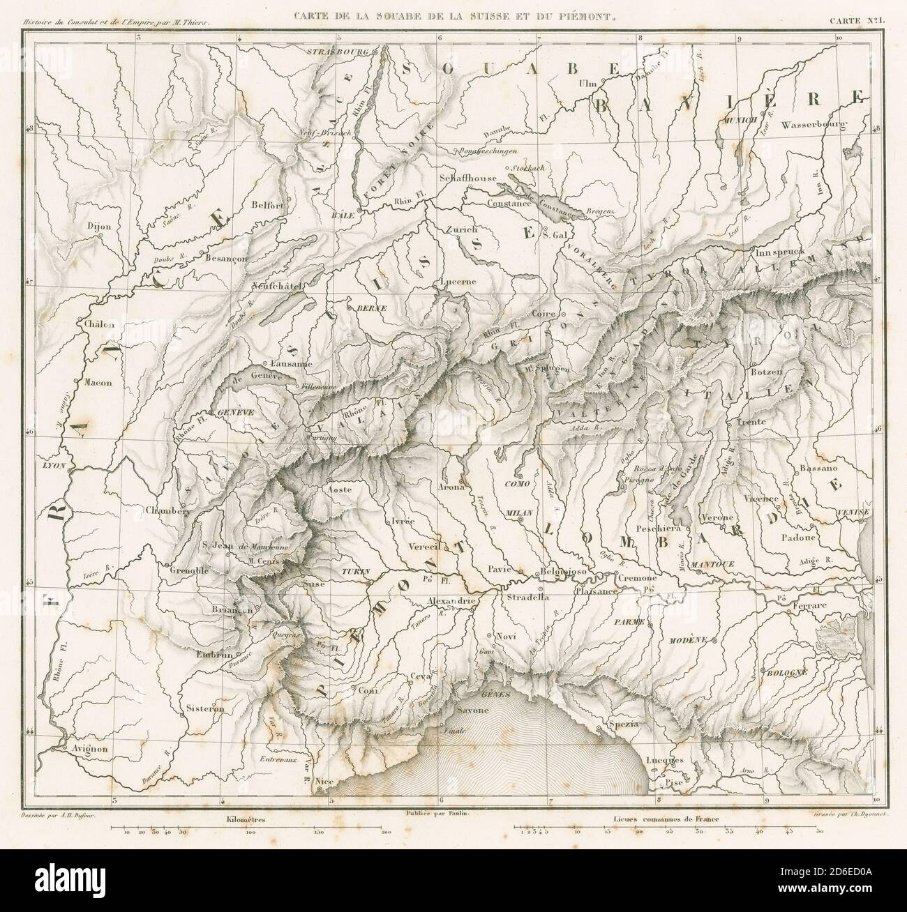 Antike französische Kupferstich-Landkarte von 1859, Carte de la Souabe de la Suisse et du Piémont, zeigt die Alpen und Länder Frankreichs, Deutschlands, Italiens und der Schweiz. QUELLE: ORIGINALGRAVUR Stockfoto