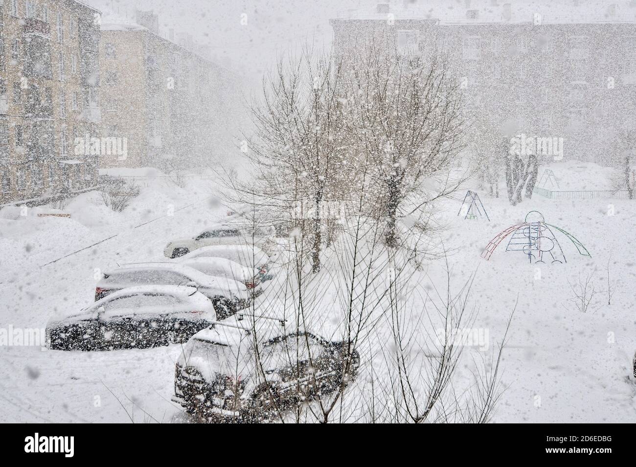 Starker Schneesturm in der Stadt. Autos mit Schnee bedeckt auf Parkplatz in Wohngebiet während Dezember Schneesturm. Winterliche Stadtlandschaft bei Schneefall. Winterwein Stockfoto