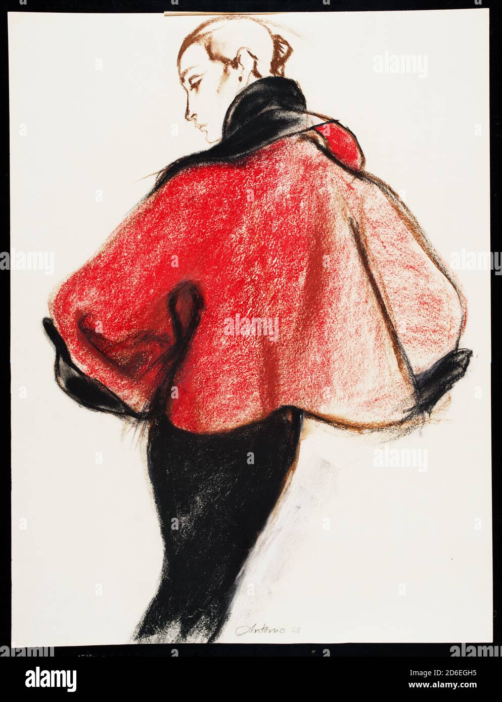 Kostüm Design Zeichnung dolman Ärmel Topper Jacke in rot. Modedesign von Charles James. Illustration von Antonio Lopez. Stockfoto