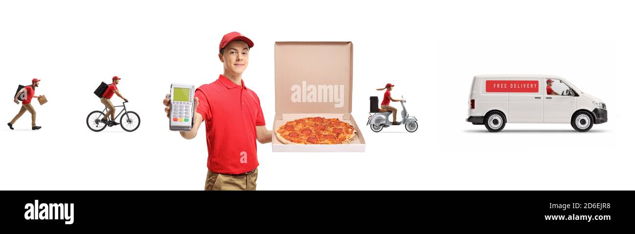 Pizza Delivery Boy mit einer Kreditkarte Terminal und andere Arbeiter und Lieferwagen hinten isoliert auf weiß Hintergrund Stockfoto