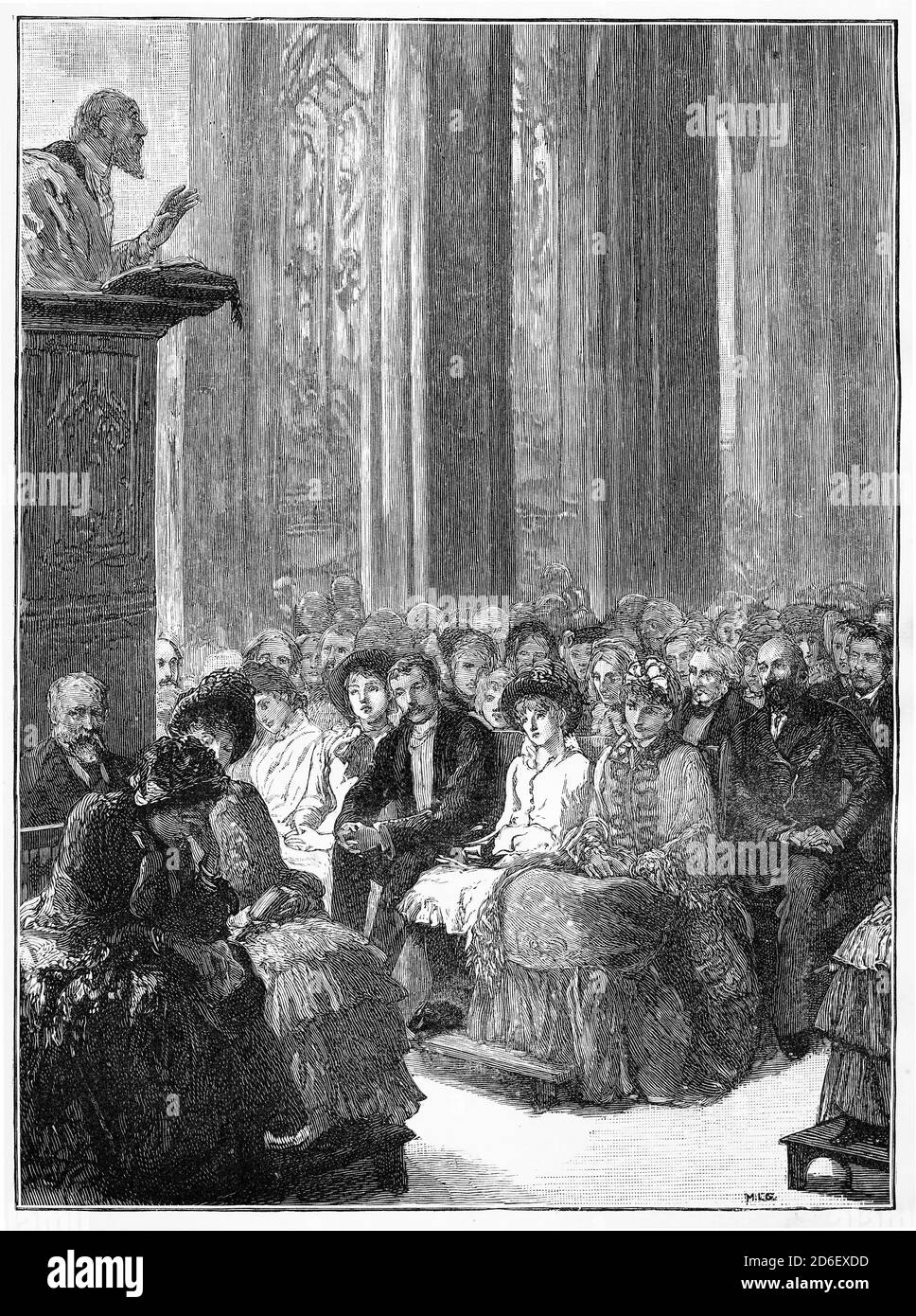 Gravur eines bärtigen Predigers, der seine Predigt in einem hält Staatskirche Stockfoto