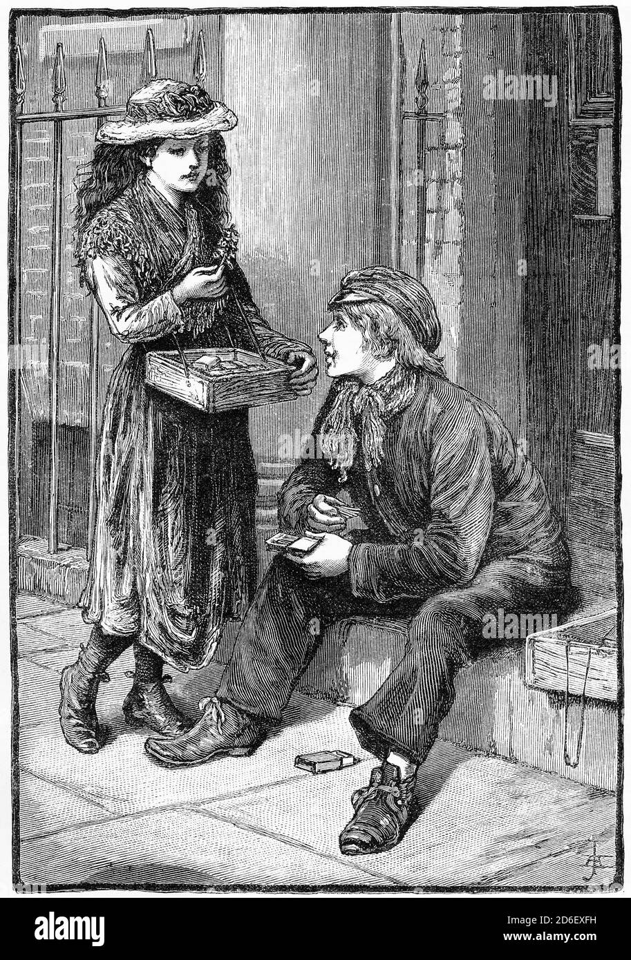 Gravur eines Blumenmädchens, das ihre Waren im verkauft Straße Stockfoto