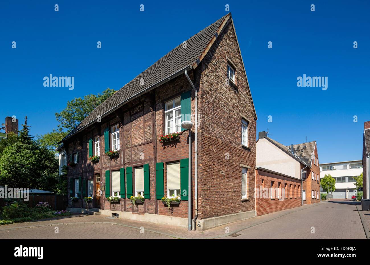 Deutschland, Dorsten, Lippe, Ruhrgebiet, Naturpark hohe Mark Westmünsterland, Münsterland, Westfalen, Nordrhein-Westfalen, Spikerhaus, Wohnhaus an der Vehme 5, Fachwerkhaus, grüne Fensterläden *** Ortsüberschrift *** Stockfoto