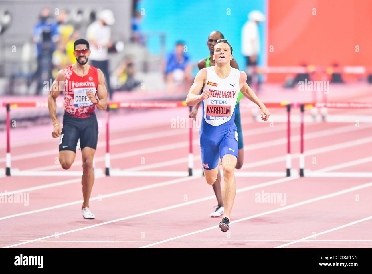 Karsten Warholm (Norwegen). 400 Meter Hürden, die Goldmedaille. IAAF Leichtathletik WM, Doha 2019 Stockfoto
