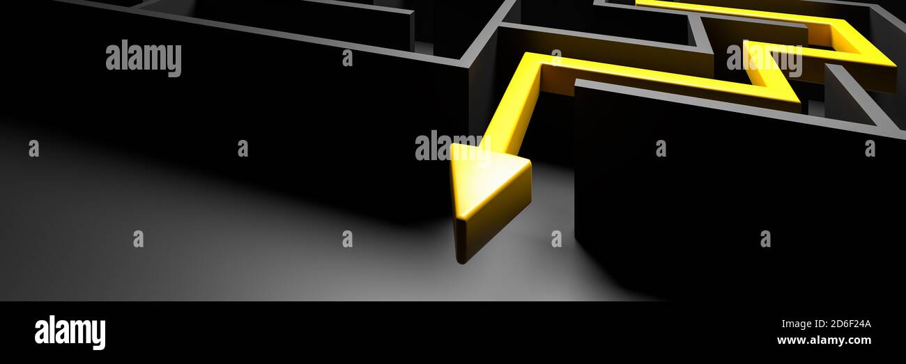 3d Rendering: Konzept - Lösung eines komplexen Problems. Schwarzes Labyrinth und Boden mit gelben Lösungsweg mit Pfeil. Low-Key-Bild, Bannergröße. Stockfoto