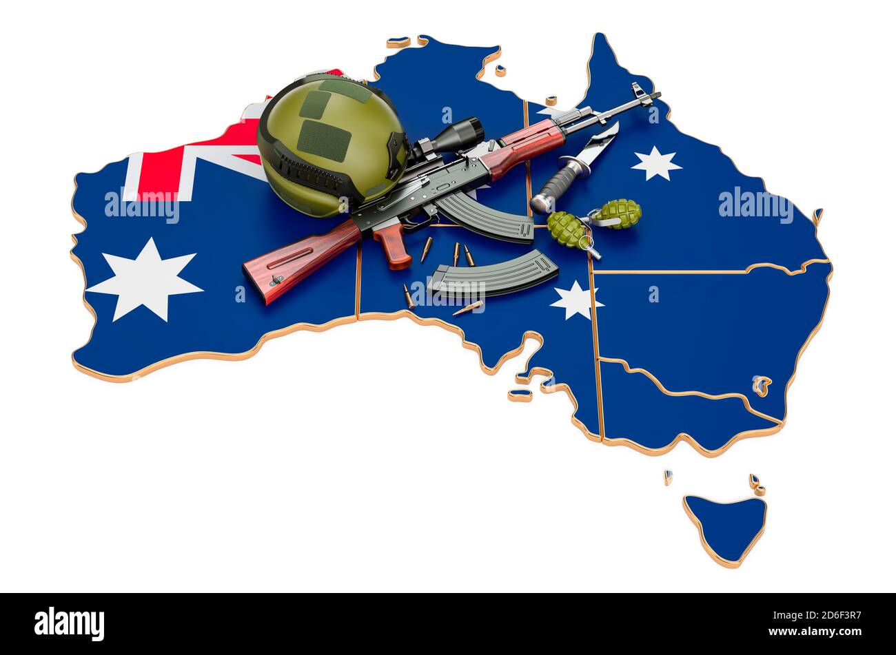 Militärische Gewalt, Armee oder Krieg Konflikt in Australien Konzept. 3D-Rendering auf weißem Hintergrund isoliert Stockfoto