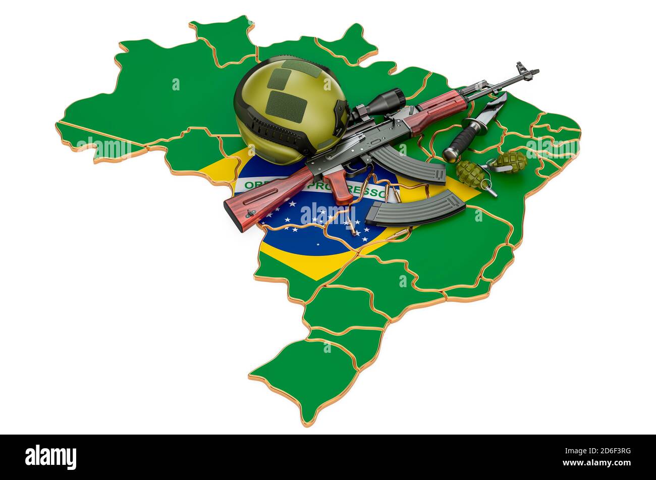 Militärische Kraft, Armee oder Krieg Konflikt in Brasilien Konzept. 3D-Rendering auf weißem Hintergrund isoliert Stockfoto
