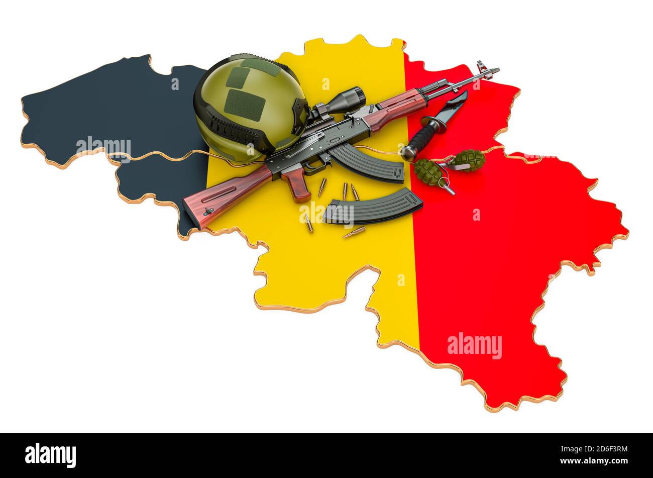 Militärische Kraft, Armee oder Krieg Konflikt in Belgien Konzept. 3D-Rendering auf weißem Hintergrund isoliert Stockfoto