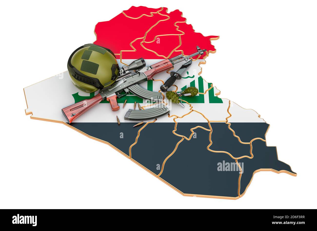 Militärische Kraft, Armee oder Krieg Konflikt im Irak Konzept. 3D-Rendering auf weißem Hintergrund isoliert Stockfoto