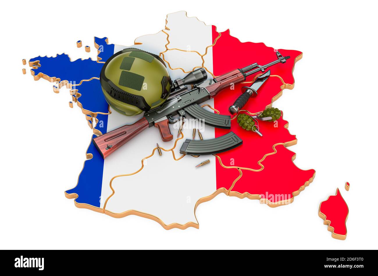 Militärische Kraft, Armee oder Krieg Konflikt in Frankreich Konzept. 3D-Rendering auf weißem Hintergrund isoliert Stockfoto