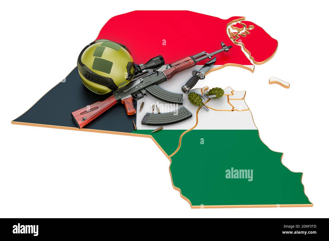 Militärische Kraft, Armee oder Krieg Konflikt in Kuwait Konzept. 3D-Rendering auf weißem Hintergrund isoliert Stockfoto