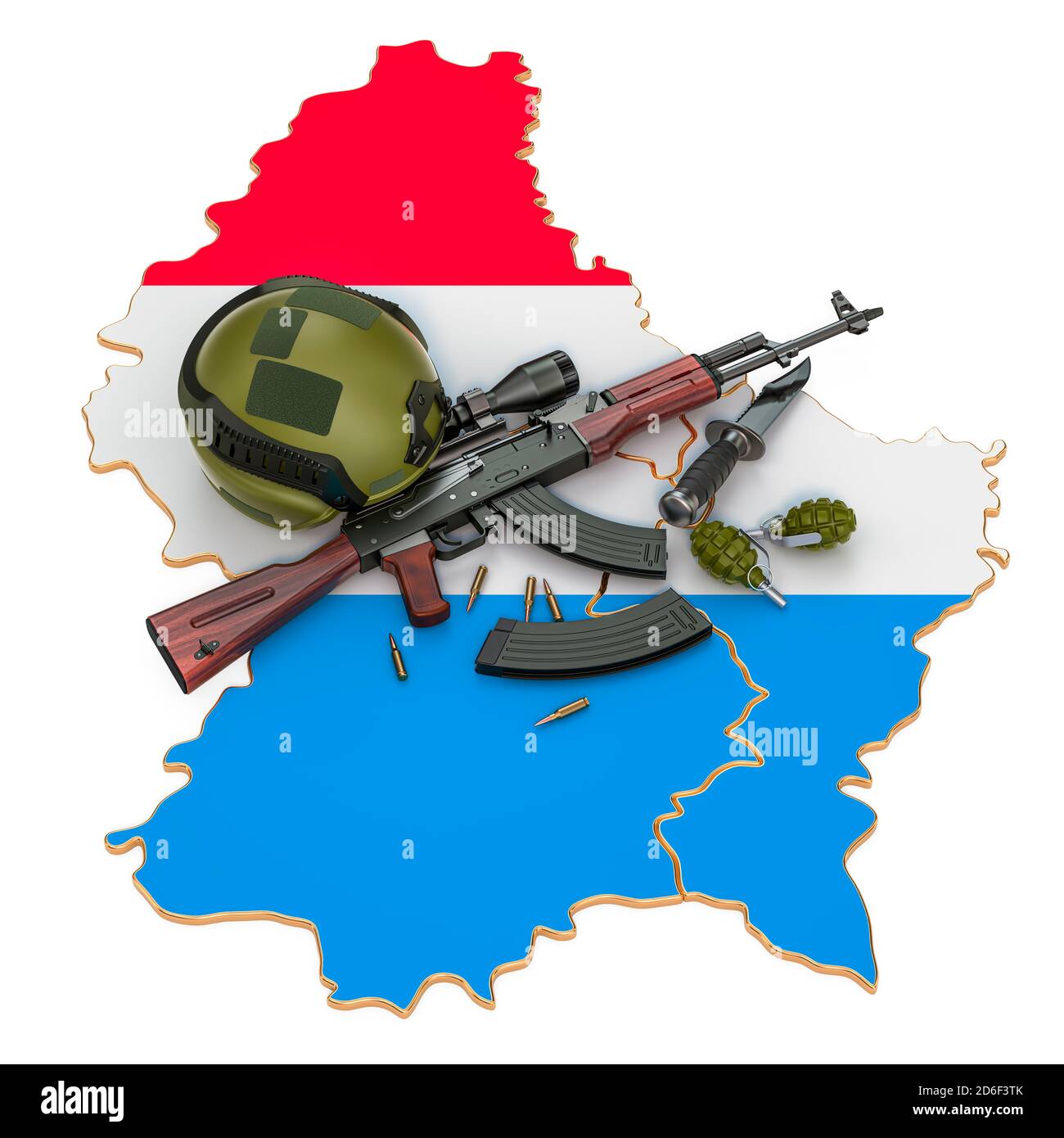 Militärische Gewalt, Armee oder Kriegskonflikt in Luxemburg Konzept. 3D-Rendering auf weißem Hintergrund isoliert Stockfoto