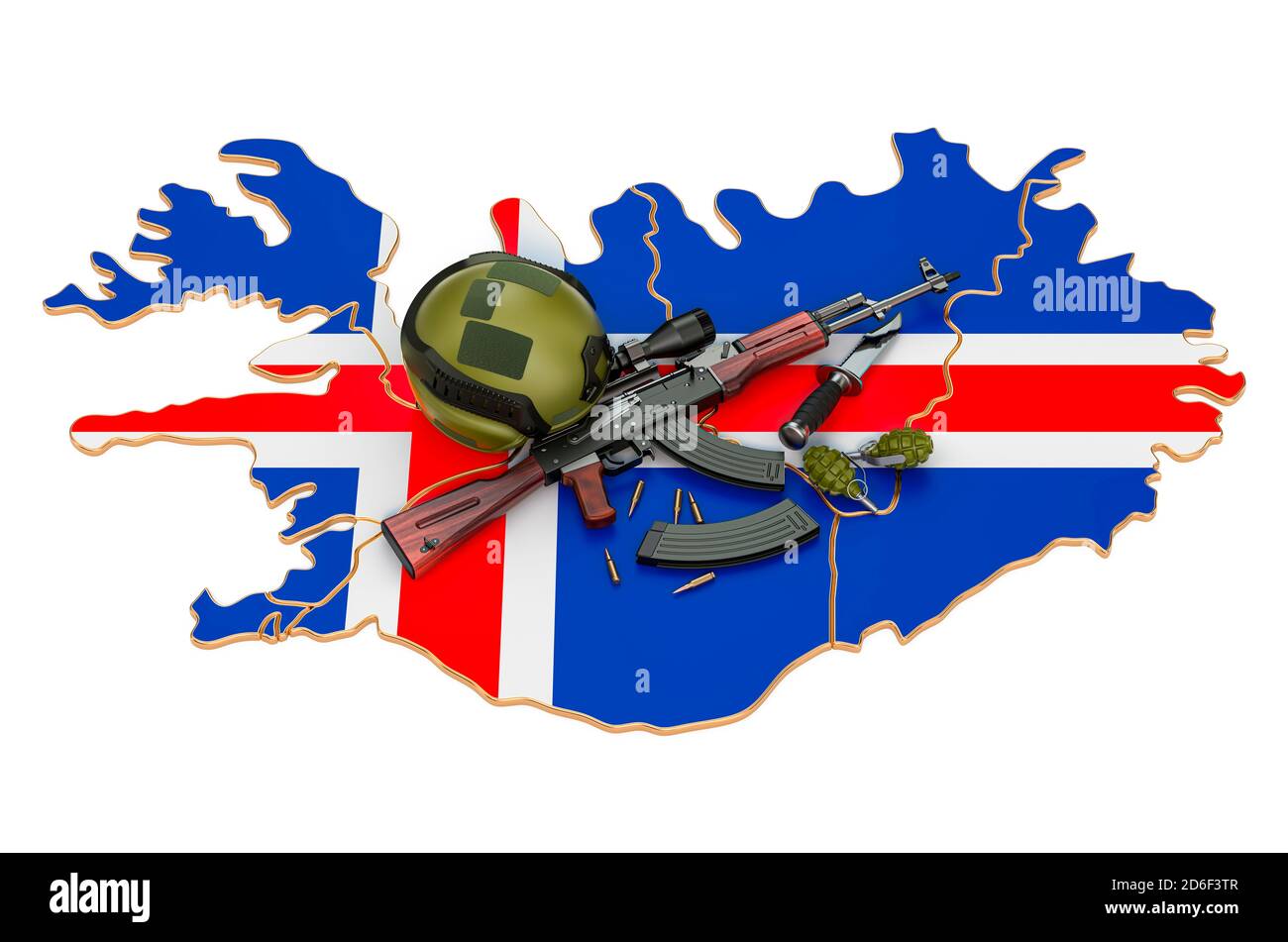 Militärische Kraft, Armee oder Krieg Konflikt in Island Konzept. 3D-Rendering auf weißem Hintergrund isoliert Stockfoto