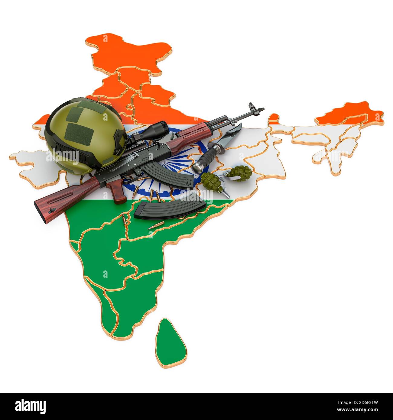 Militärische Kraft, Armee oder Krieg Konflikt in Indien Konzept. 3D-Rendering auf weißem Hintergrund isoliert Stockfoto
