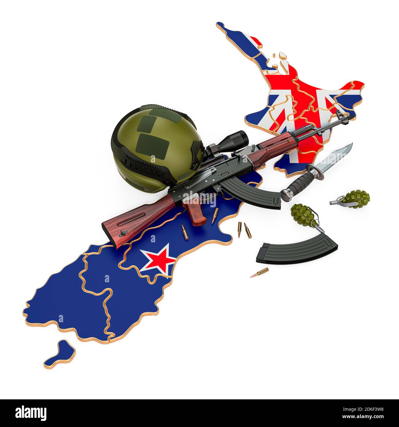 Militärische Gewalt, Armee oder Kriegskonflikt in Neuseeland Konzept. 3D-Rendering auf weißem Hintergrund isoliert Stockfoto