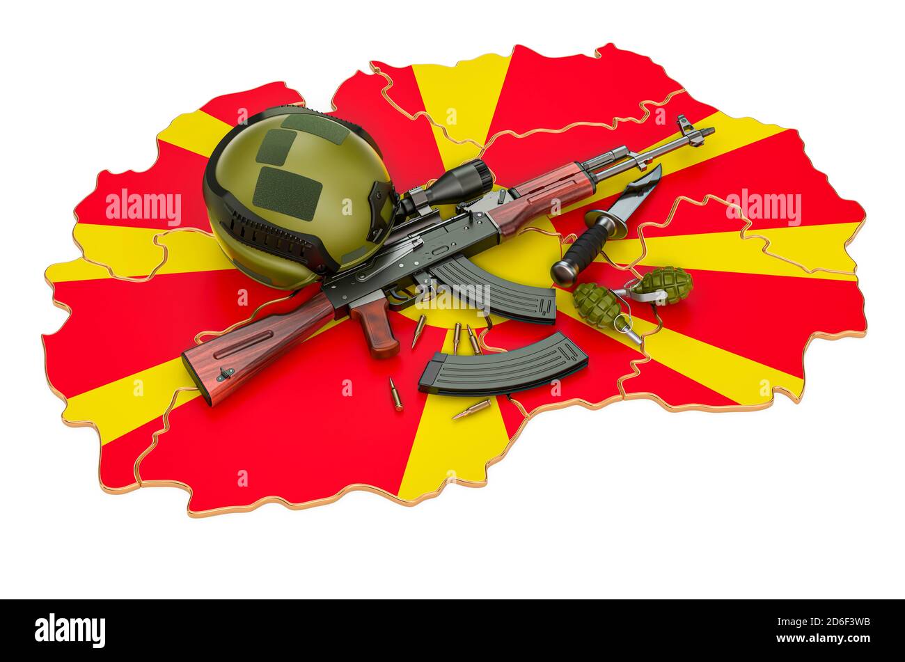 Militärische Kraft, Armee oder Krieg Konflikt in Mazedonien Konzept. 3D-Rendering auf weißem Hintergrund isoliert Stockfoto