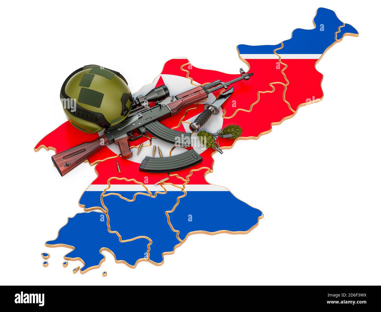 Militärische Kraft, Armee oder Krieg Konflikt in Nordkorea Konzept. 3D-Rendering auf weißem Hintergrund isoliert Stockfoto
