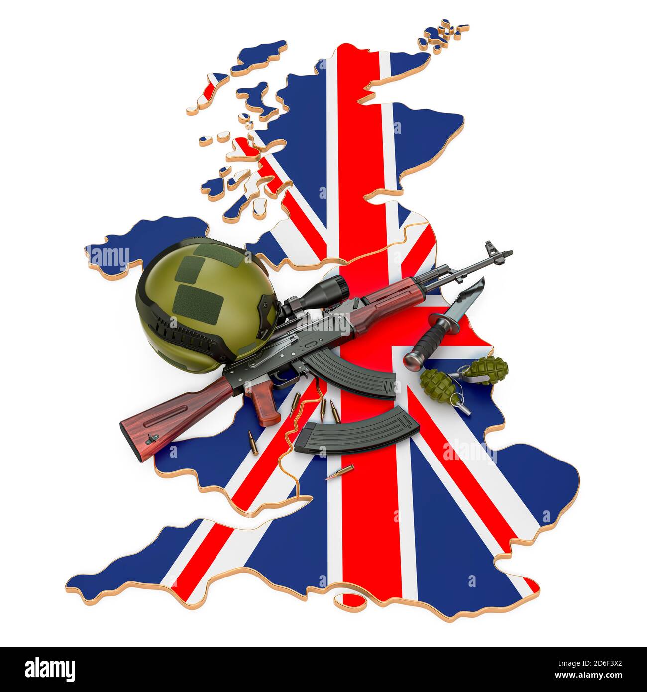 Militärische Gewalt, Armee oder Kriegskonflikt im britischen Konzept. 3D-Rendering auf weißem Hintergrund isoliert Stockfoto