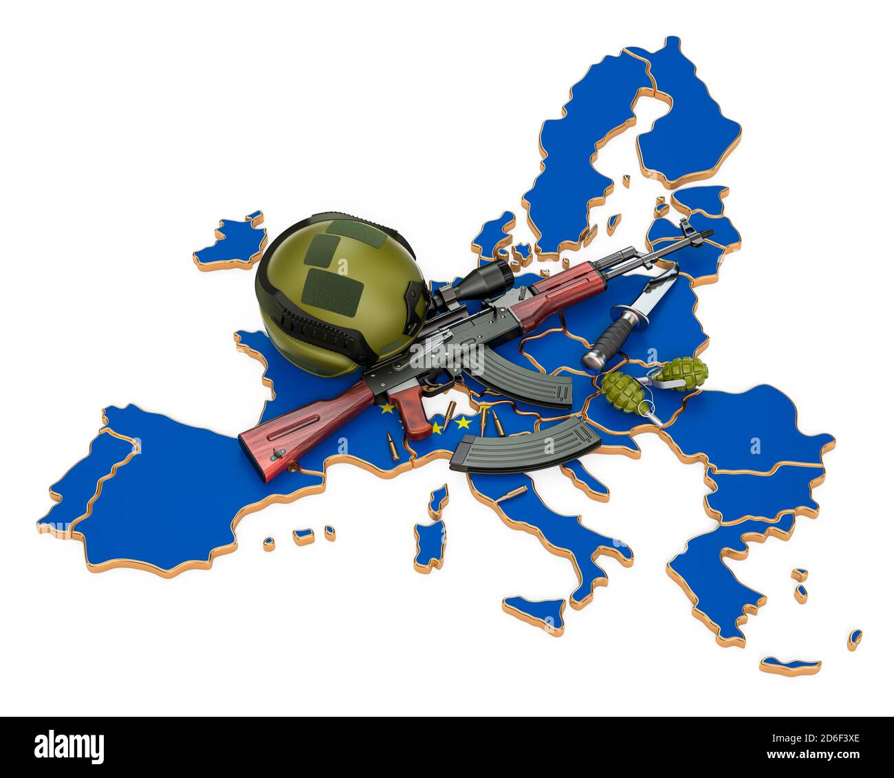 Militärische Gewalt, Armee oder Kriegskonflikt im Konzept der Europäischen Union. 3D-Rendering auf weißem Hintergrund isoliert Stockfoto