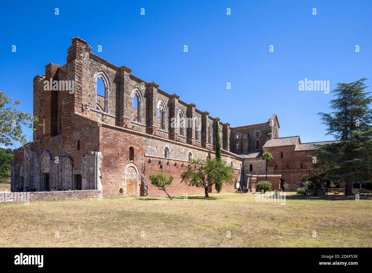 San Galgano Abteiruinen, Außenansicht, Chiusdino Gemeinde, Provinz Siena, Toskana, Italien Stockfoto