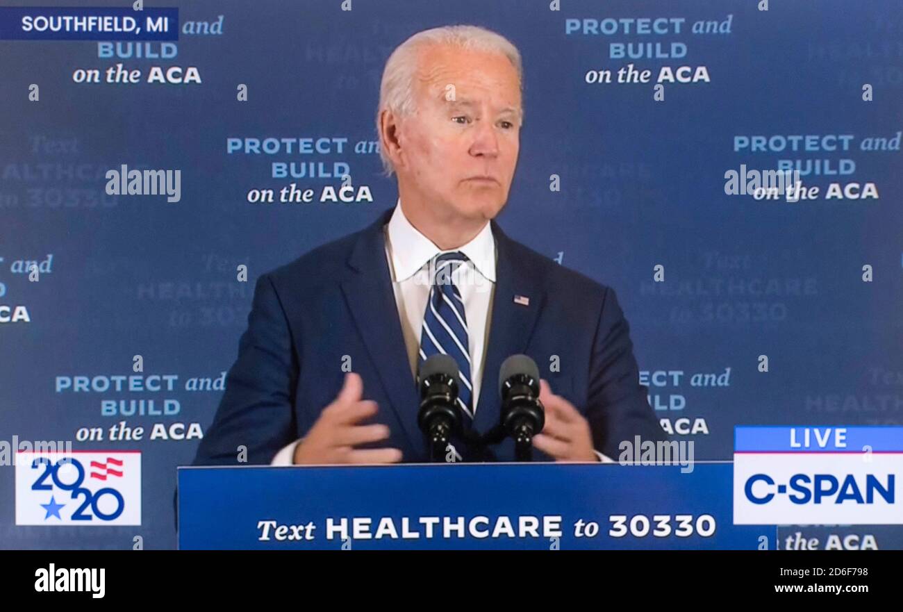 Southfield, Michigan, USA. Oktober 2020. Bildschirmabbild der Berichterstattung von C-SPAN über Vizepräsident JOE BIDEN, der Bemerkungen zur Gesundheitsversorgung und anderen Fragen vorbringt. Kredit: C-span/ZUMA Wire/Alamy Live Nachrichten Stockfoto