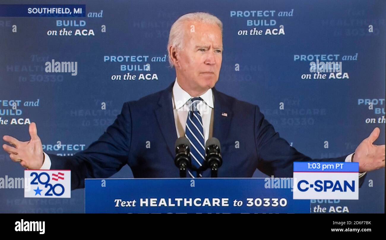 Southfield, Michigan, USA. Oktober 2020. Bildschirmabbild der Berichterstattung von C-SPAN über Vizepräsident JOE BIDEN, der Bemerkungen zur Gesundheitsversorgung und anderen Fragen vorbringt. Kredit: C-span/ZUMA Wire/Alamy Live Nachrichten Stockfoto