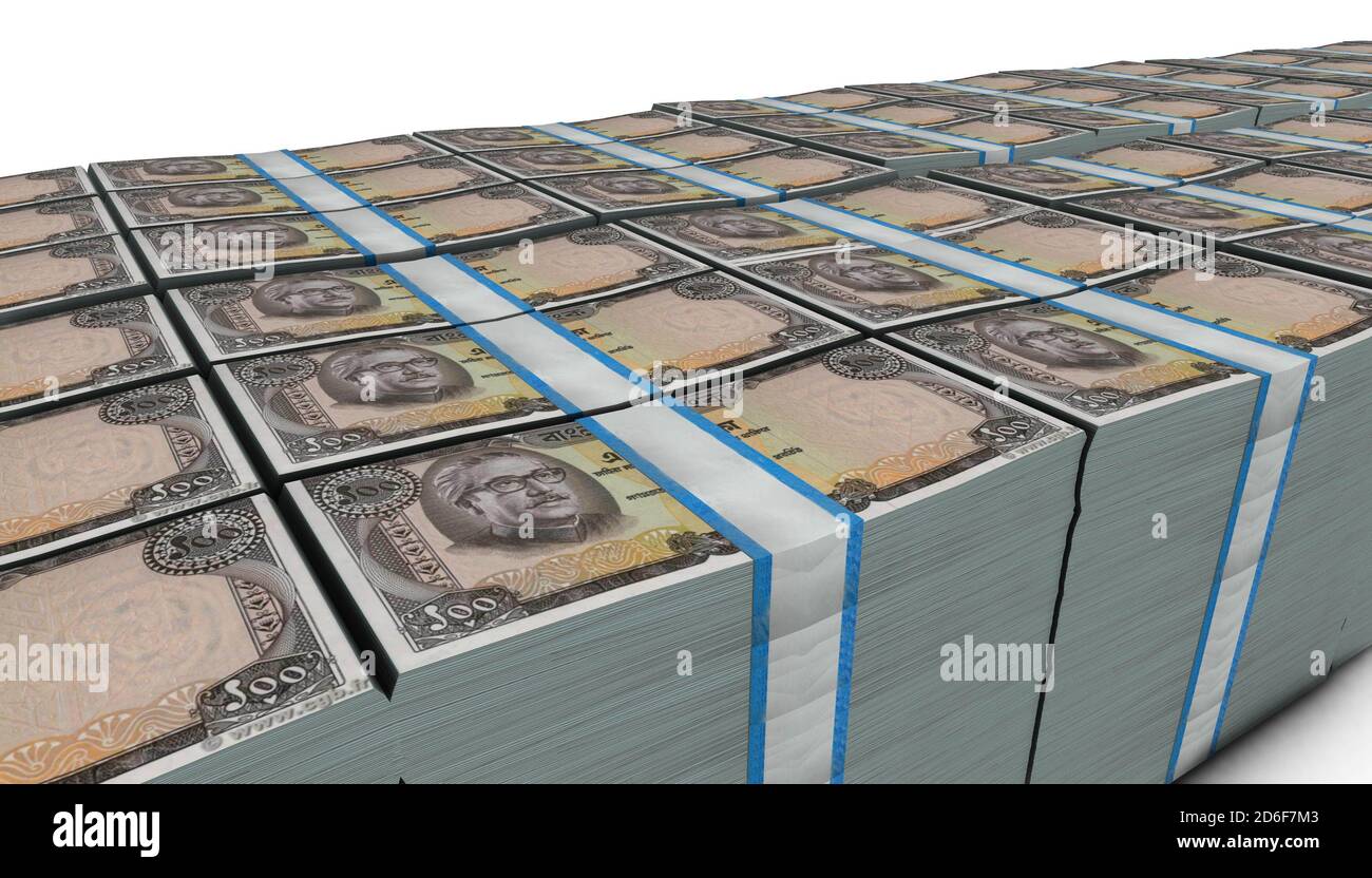 3D-Illustration von Bangladeshi Taka Bills stapelt Hintergrund Stockfoto