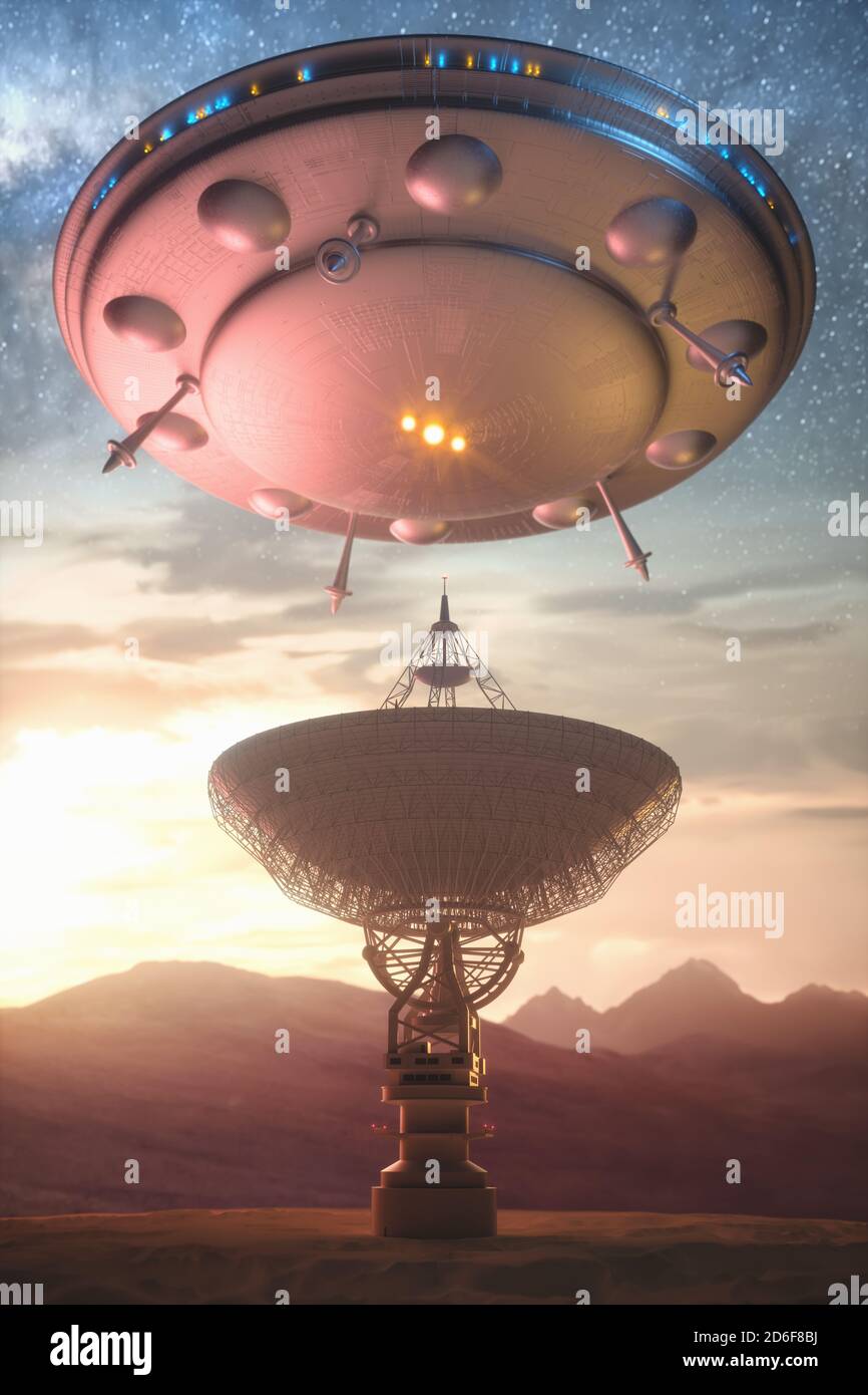 Alien-Kontakt, konzeptionelle Illustration. Nicht identifiziertes Flugobjekt (UFO) über einer Satellitenschüssel. Stockfoto
