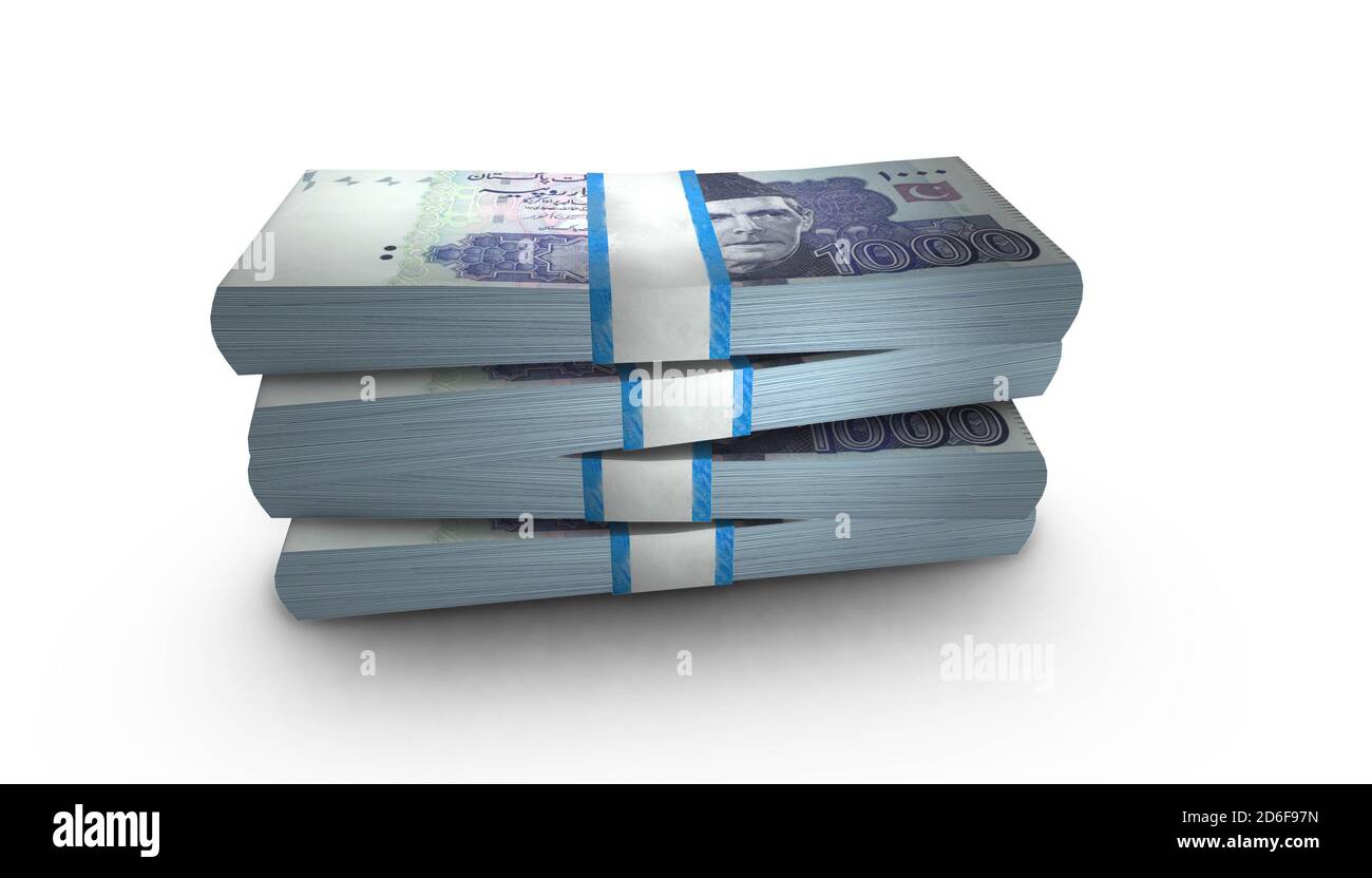 3D-Illustration von pakistanischen Rupie Rechnungen stapelt Hintergrund Stockfoto